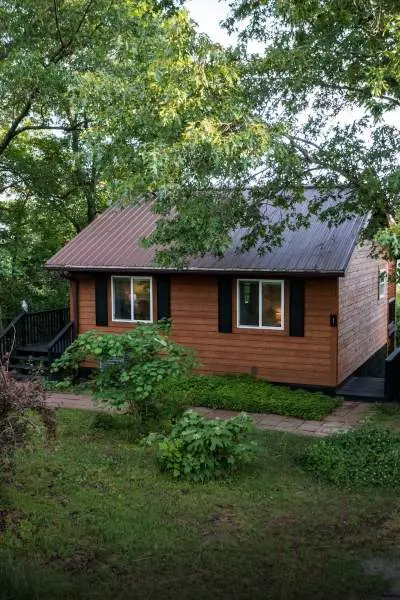 Une cabane en bois entre les arbres