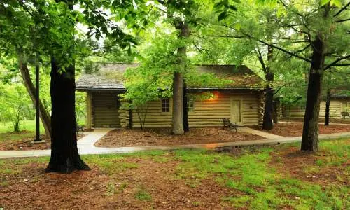 Une cabane en rondins au milieu des arbres