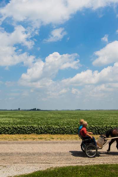 Deux personnes assises dans une Buggie Amish tirée par des chevaux dans la campagne.