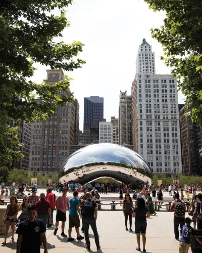 Une foule autour de la sculpture Cloud Gate 