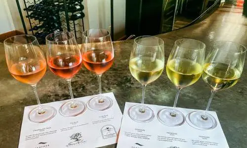 Vin blanc et rosé sur une table au domaine viticole de Shawnee Hills