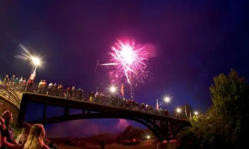 Personnes assises dans un parc le long d'un pont, regardant les feux d'artifice dans le ciel