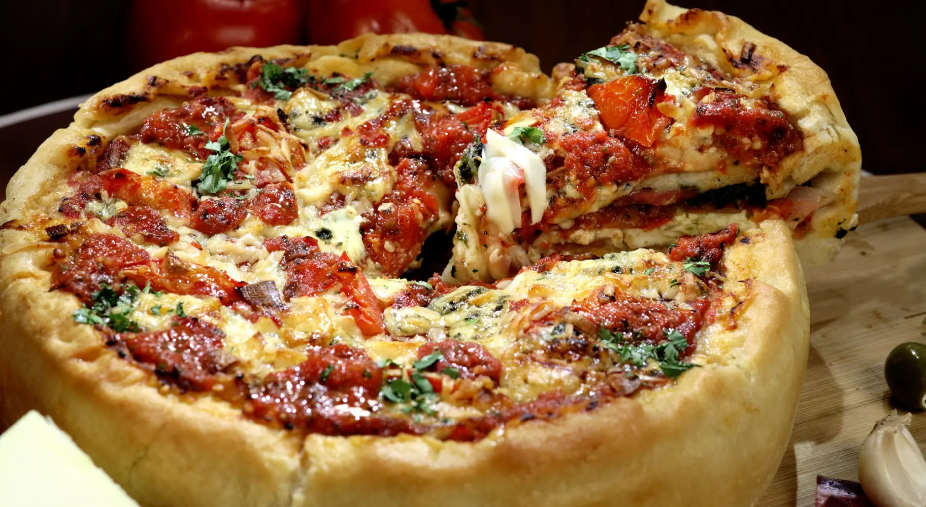 Une part de pizza à pâte épaisse servie