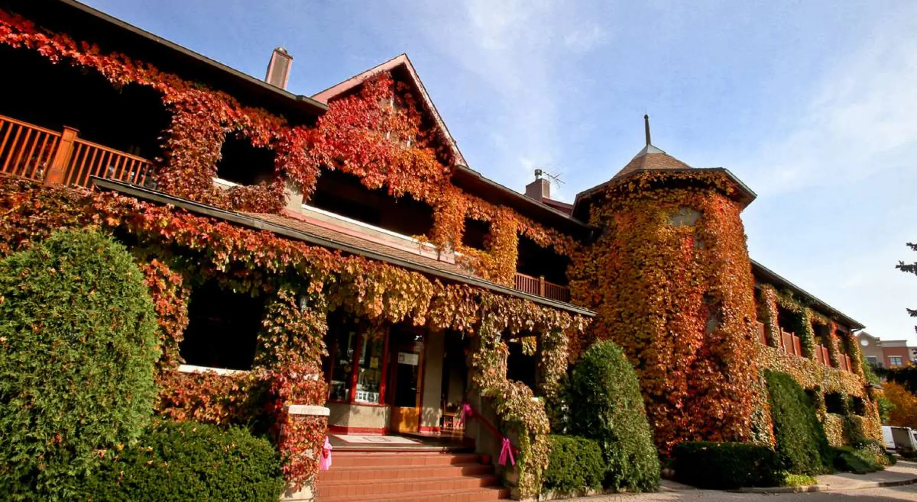 L'extérieur du bâtiment recouvert de feuilles d'oranger à l'automne