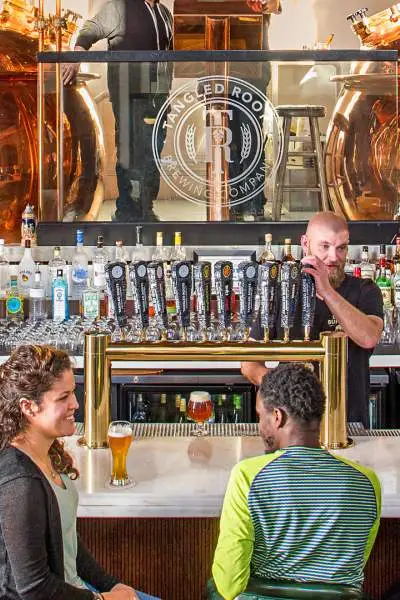 Group of friends enjoying the bar at Tangled Roots.