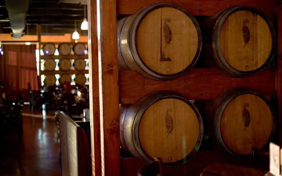 Une rangée de tonneaux de vin dans une pièce sombre