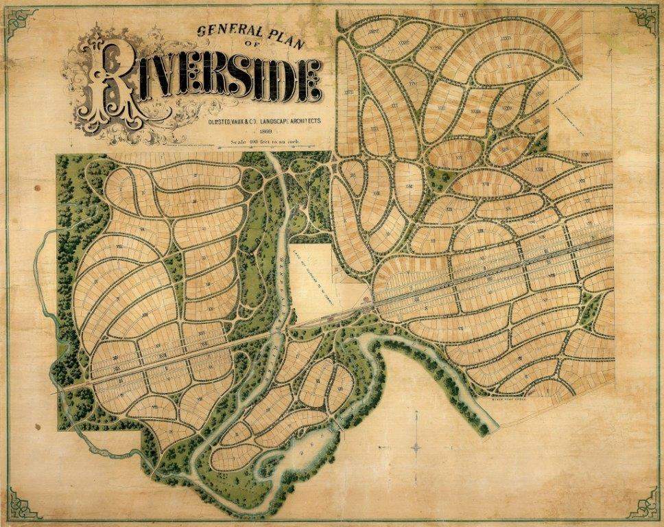 Un plan de ville du 19e siècle portant le titre "General Plan of Riverside" (Plan général de Riverside).