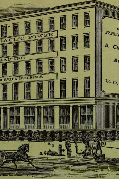 Illustration des années 1800 d'un bâtiment soulevé par des vérins hydrauliques à Chicago. Image du domaine public de Wikimedia Commons : https://commons.wikimedia.org/wiki/File:Illinois_state_business_directory_-_1860_(1860)_(14761103841).jpg