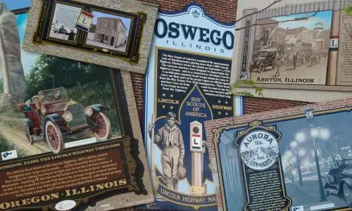 Collage de peintures murales interprétatives le long de la Lincoln Highway dans l'Illinois.