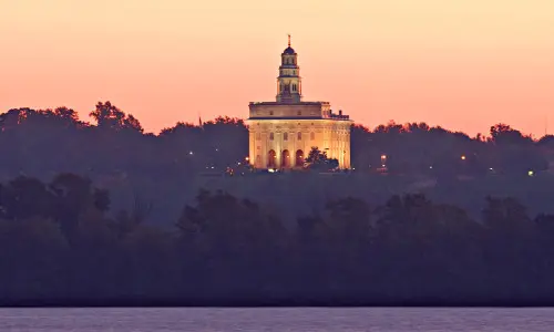Un temple avec des lumières allumées derrière des arbres et une rivière