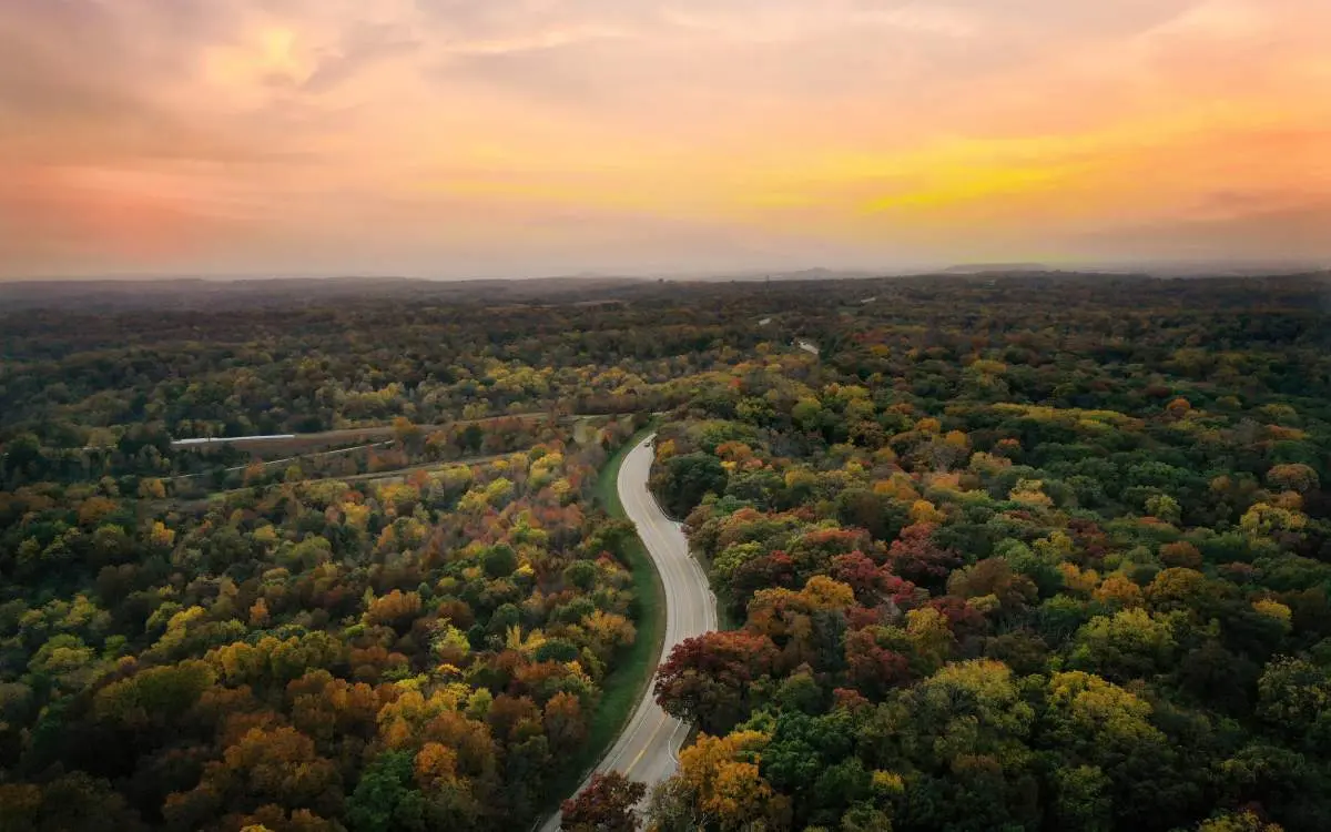 Vue aérienne d'une autoroute serpentant au milieu d'arbres automnaux, dans un ciel de coucher de soleil orange.