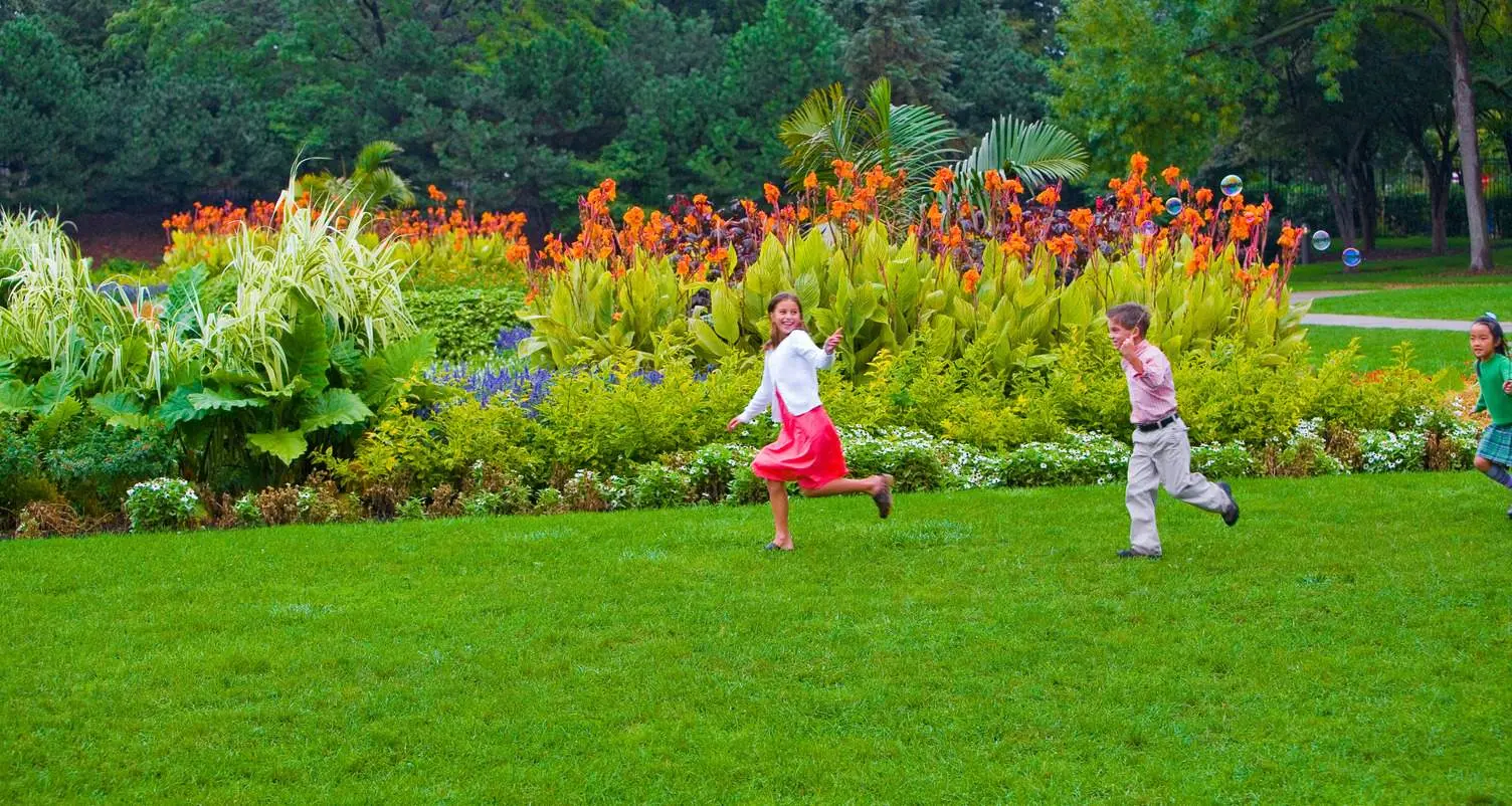 Deux enfants courant dans l'herbe