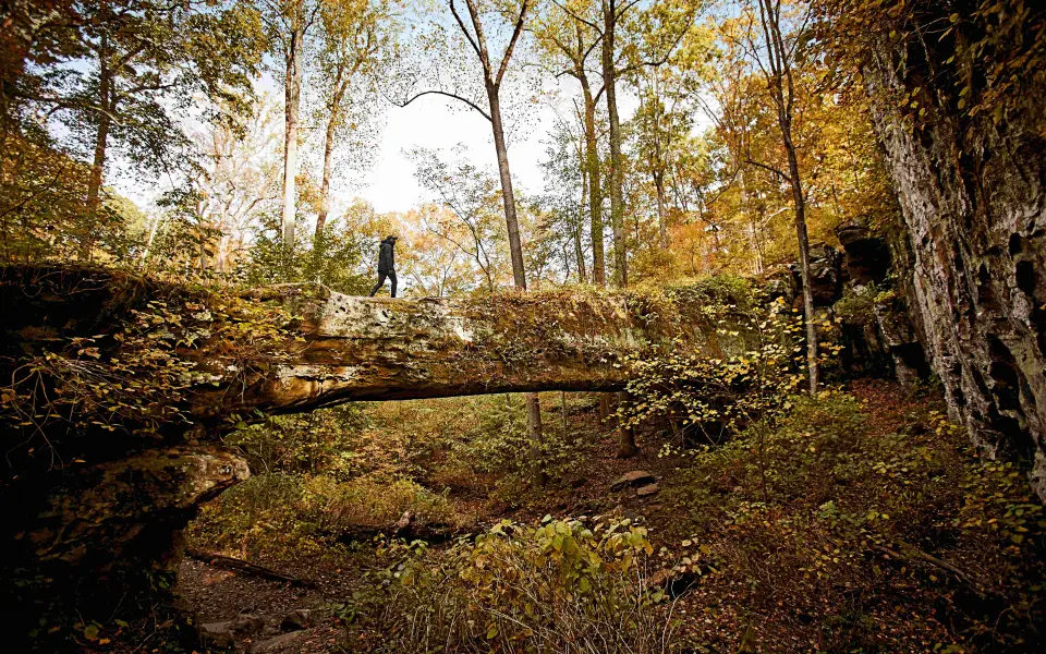 Une personne marchant le long du pont naturel de Pomona dans la forêt nationale de Shawnee.