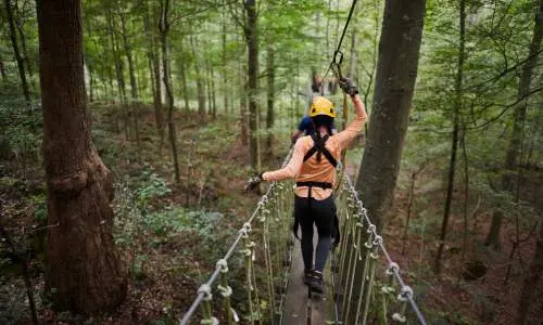 Des personnes sur un pont traversant les forêts avec des harnais et des casques de sécurité à Canopy Tours.
