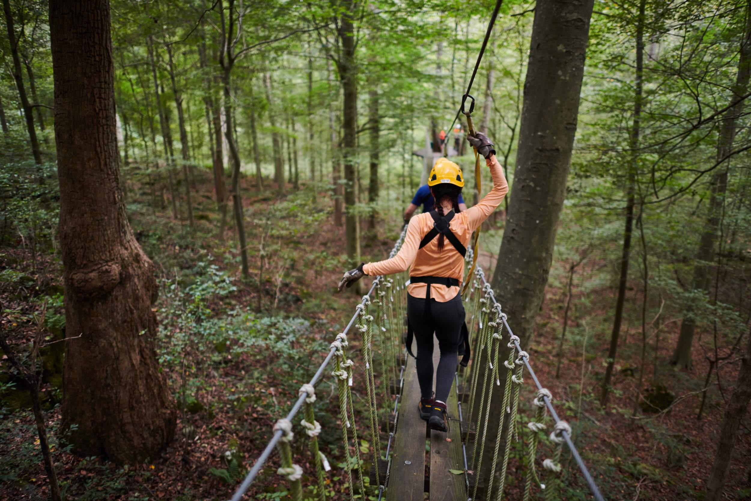 Des personnes sur un pont traversant les forêts avec des harnais et des casques de sécurité à Canopy Tours.