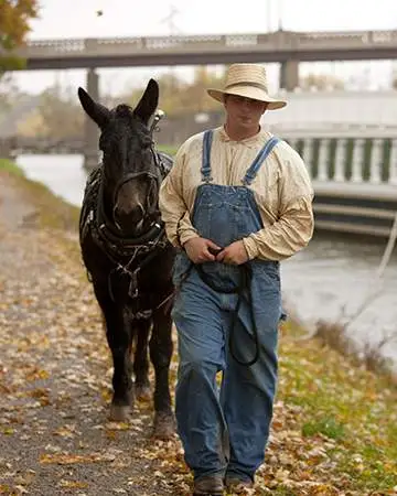 Homme menant un âne et un bateau sur le canal