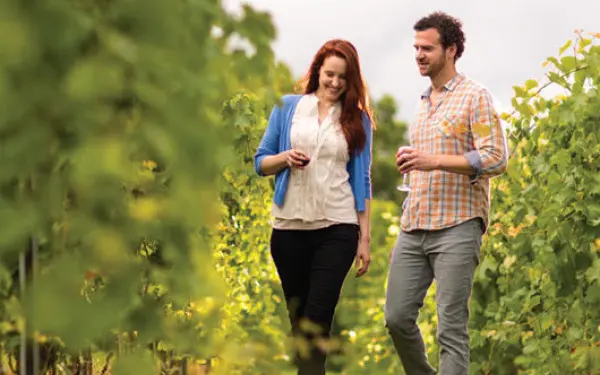 Un couple se promène dans les vignobles de Blue Sky, dans le sud de l'Illinois.