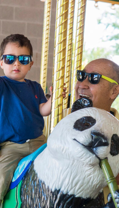 Un enfant en bas âge et ses grands-parents sur le carrousel du zoo de Brookfield.