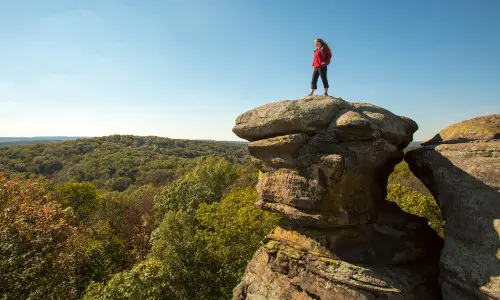 Femme debout sur un grand rocher surplombant la forêt en contrebas