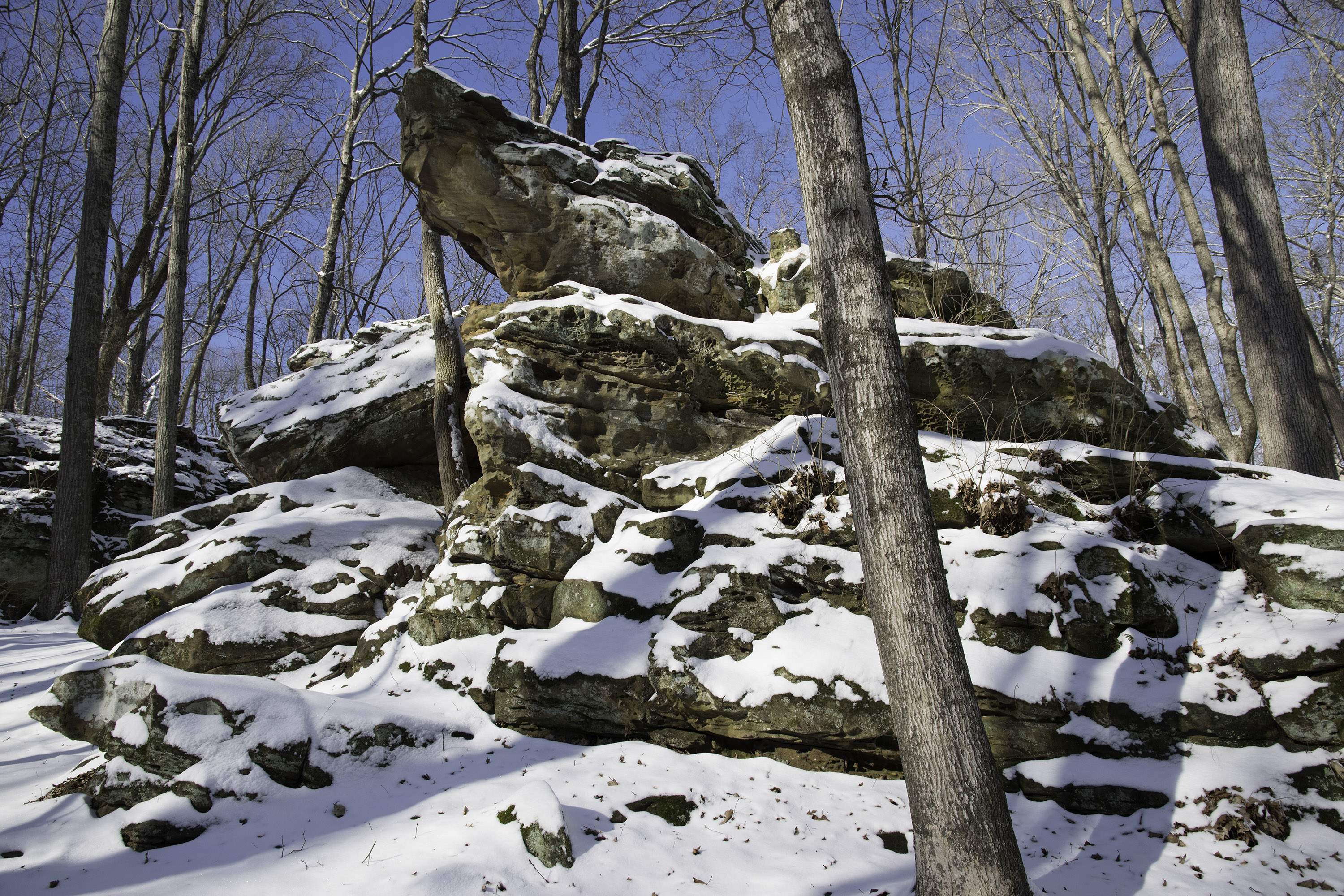 Rochers enneigés sur un sentier du parc d'État de Giant City