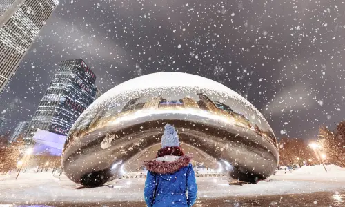 Fille regardant The Bean en hiver