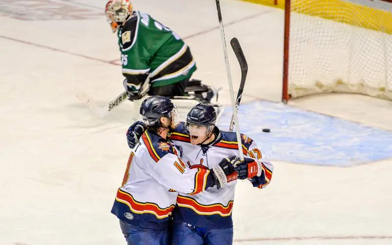 Deux joueurs de hockey fêtant un but sur la glace